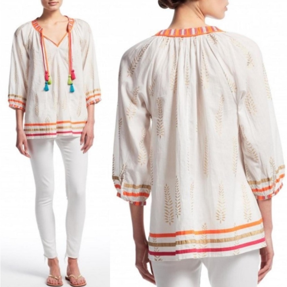 NWT Calypso St. Barth White and Orange Tassel Blouse